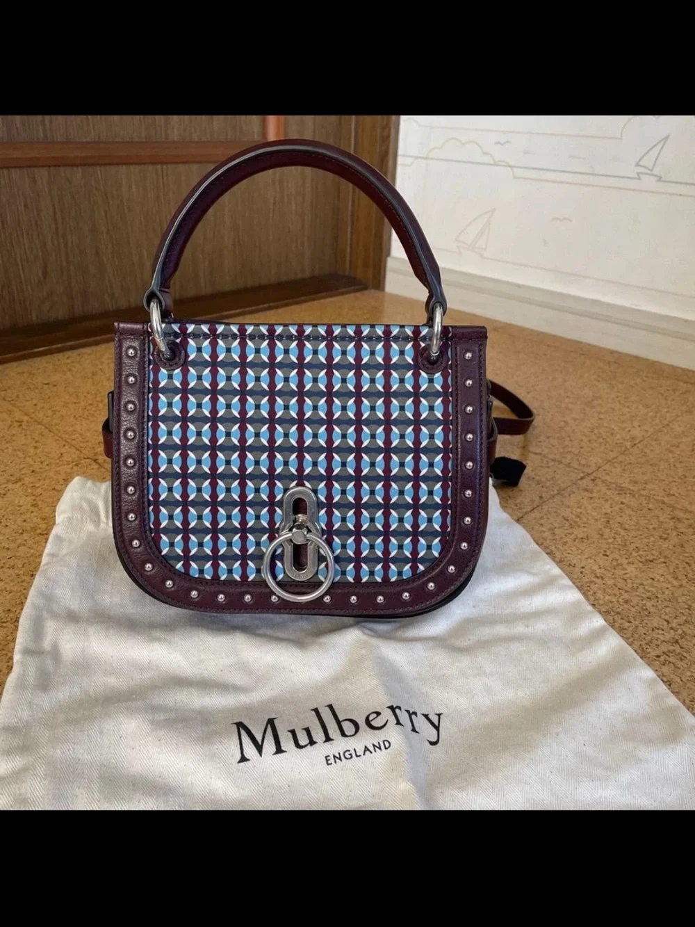 Mulberry Burgundy and Light Blue Geometric Top-Handle Satchel